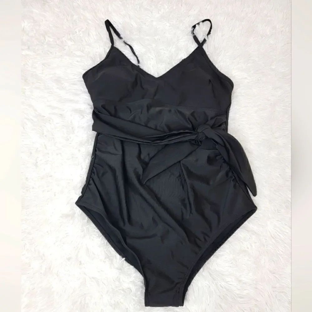Belted Bathing Suit Solid Black V Neck One Piece Swimsuit Tummy Control Size S